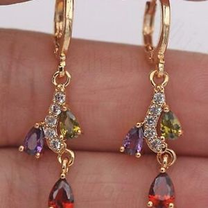 18kt Gold Peridot Topaz Amethyst & Ruby Drop Earri